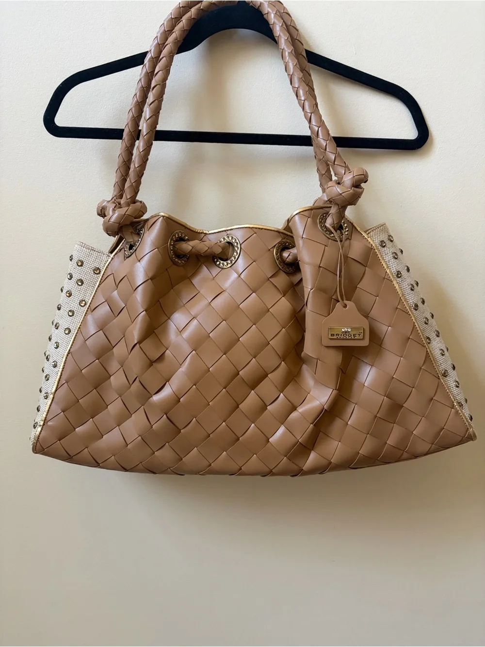 Amazing Tan Leather Shoulder Bag w/ Crystal Accents
